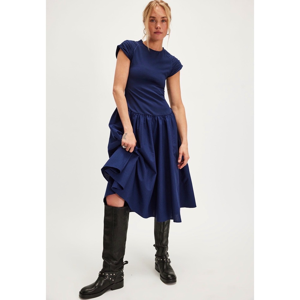 Free People Afternoon Elegance Ruched Sleeve Midi Dress In Indigo Pura Size M
